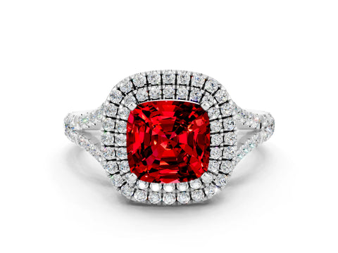 White gold Double Halo Cushion Cut Ruby Split Shank Engagement Ring with Four-Prong Setting