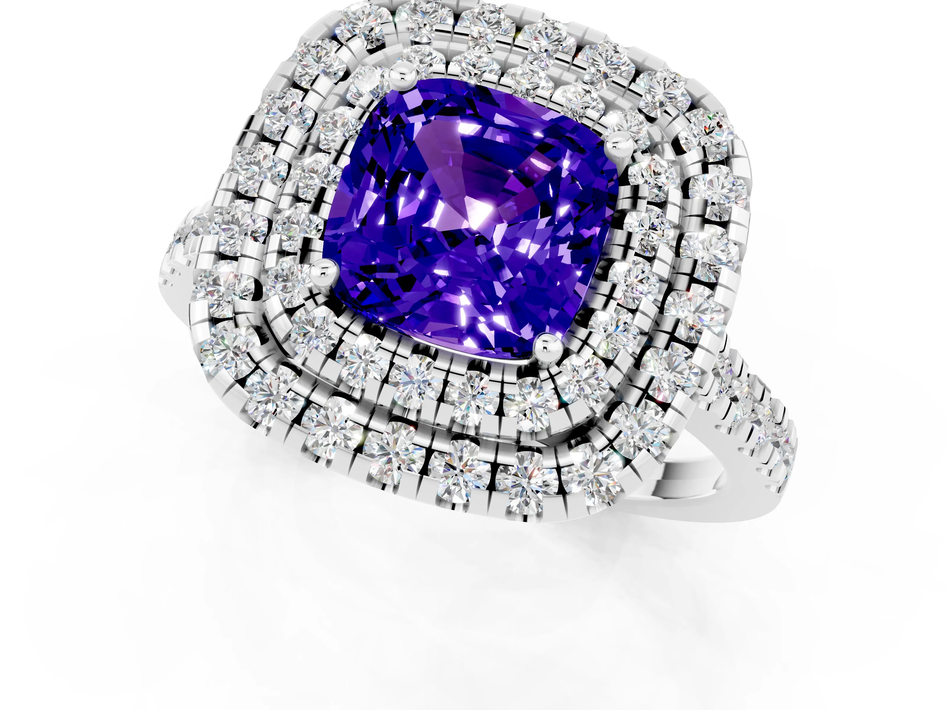 White gold Double Halo Cushion Cut Tanzanite Pavé Band with Four-Prong Setting_1