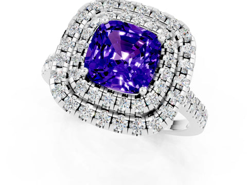 White gold Double Halo Cushion Cut Tanzanite Pavé Band with Four-Prong Setting_1