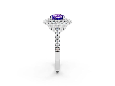 White gold Double Halo Cushion Cut Tanzanite Pavé Band with Four-Prong Setting_2