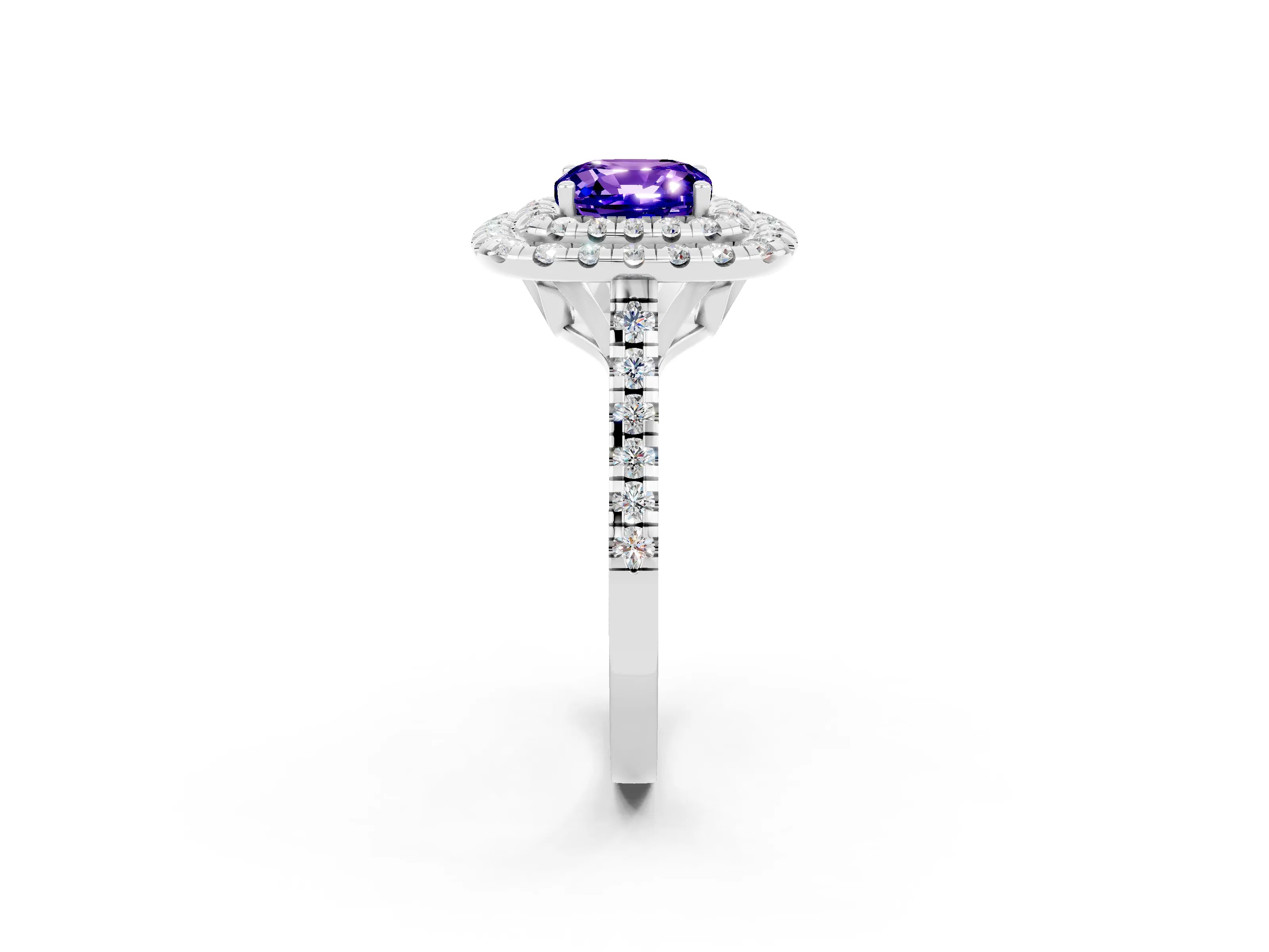 White gold Double Halo Cushion Cut Tanzanite Pavé Band with Four-Prong Setting_2
