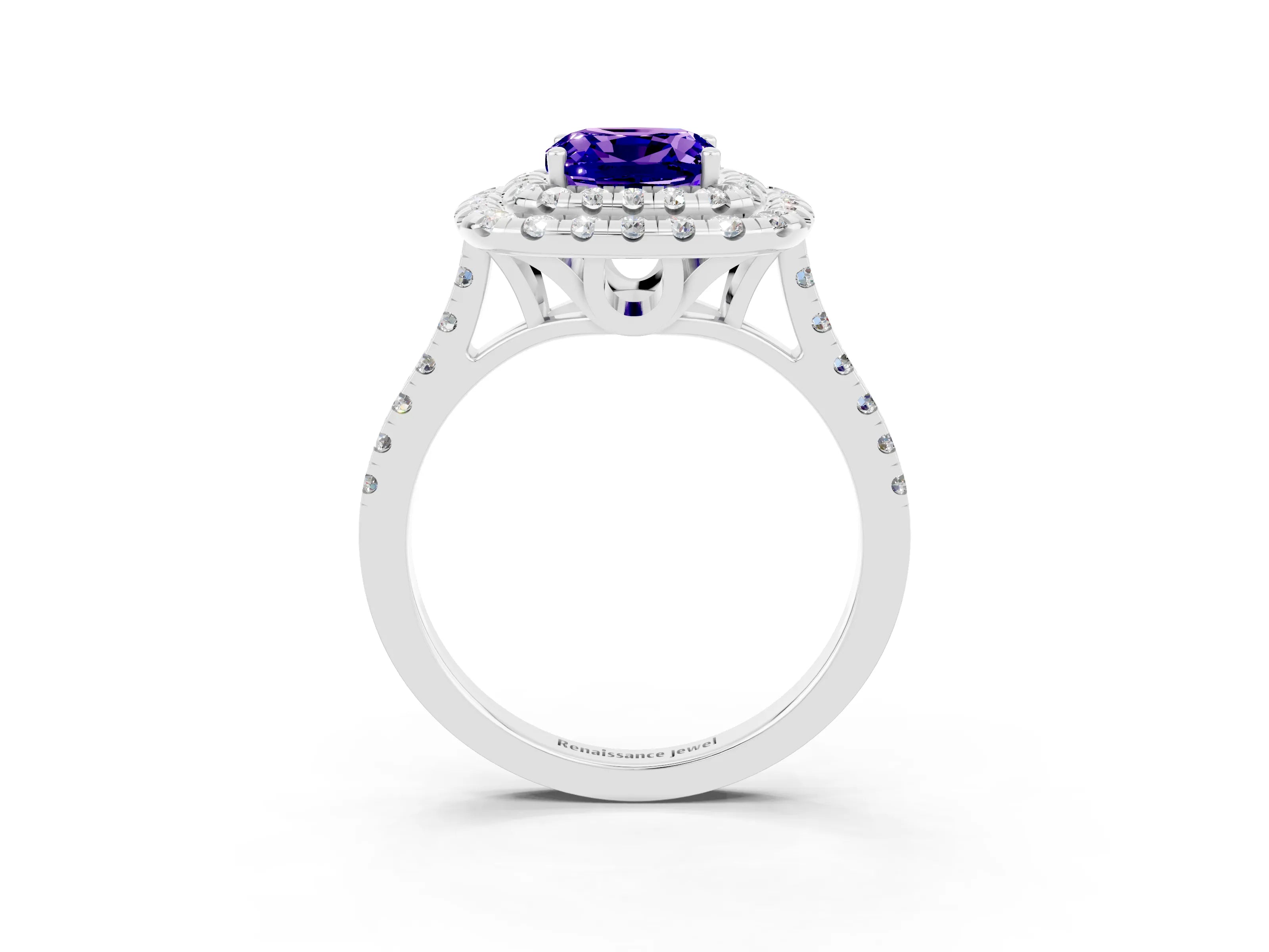 White gold Double Halo Cushion Cut Tanzanite Pavé Band with Four-Prong Setting_3