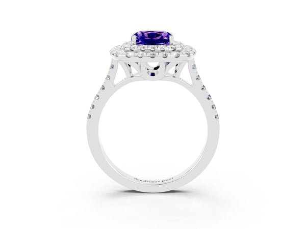 White gold Double Halo Cushion Cut Tanzanite Pavé Band with Four-Prong Setting
