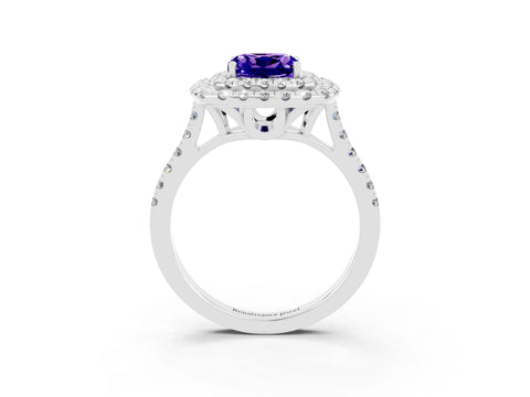 White gold Double Halo Cushion Cut Tanzanite Pavé Band with Four-Prong Setting_3