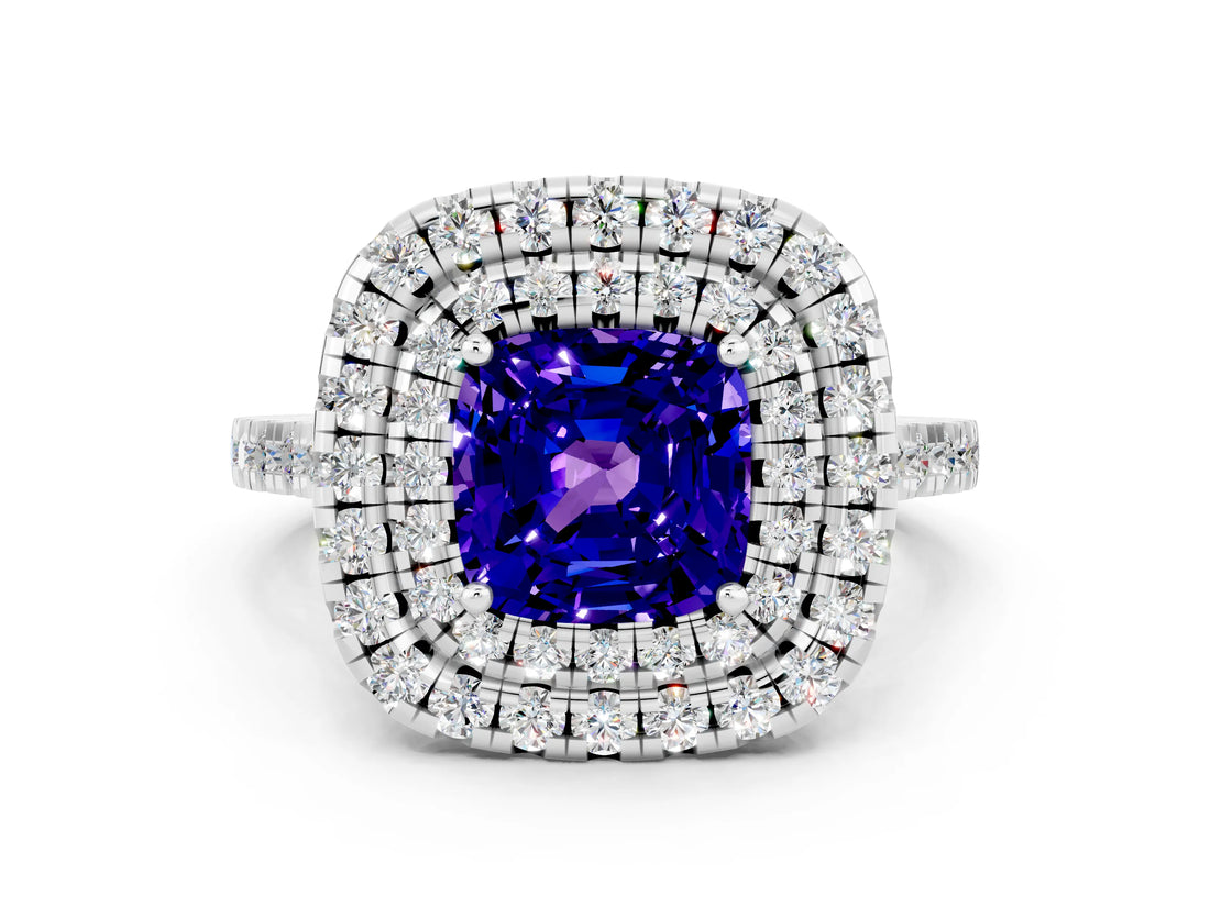 White gold Double Halo Cushion Cut Tanzanite Pavé Band with Four-Prong Setting