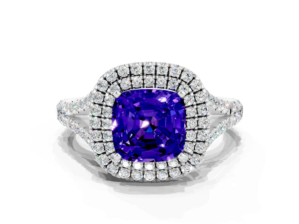 Silver Double Halo Cushion Cut Tanzanite Pavé Split Shank Ring with Prong Setting