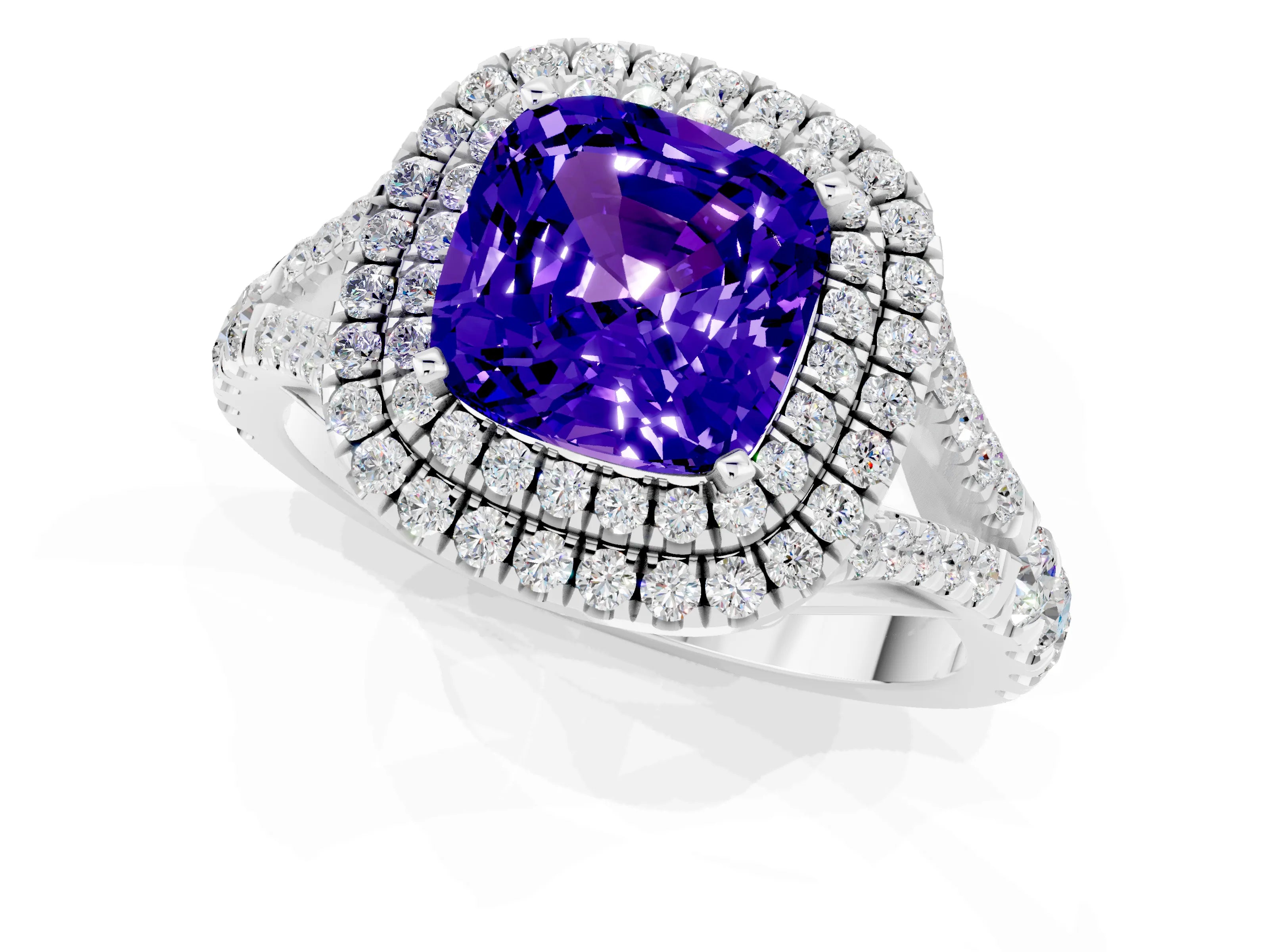 White gold Double Halo Cushion Cut Tanzanite Pavé Split Shank Ring with Prong Setting_1