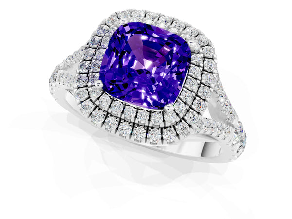 Platinum Double Halo Cushion Cut Tanzanite Pavé Split Shank Ring with Prong Setting