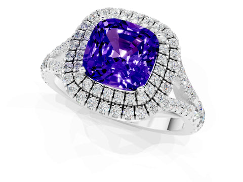 White gold Double Halo Cushion Cut Tanzanite Pavé Split Shank Ring with Prong Setting_1