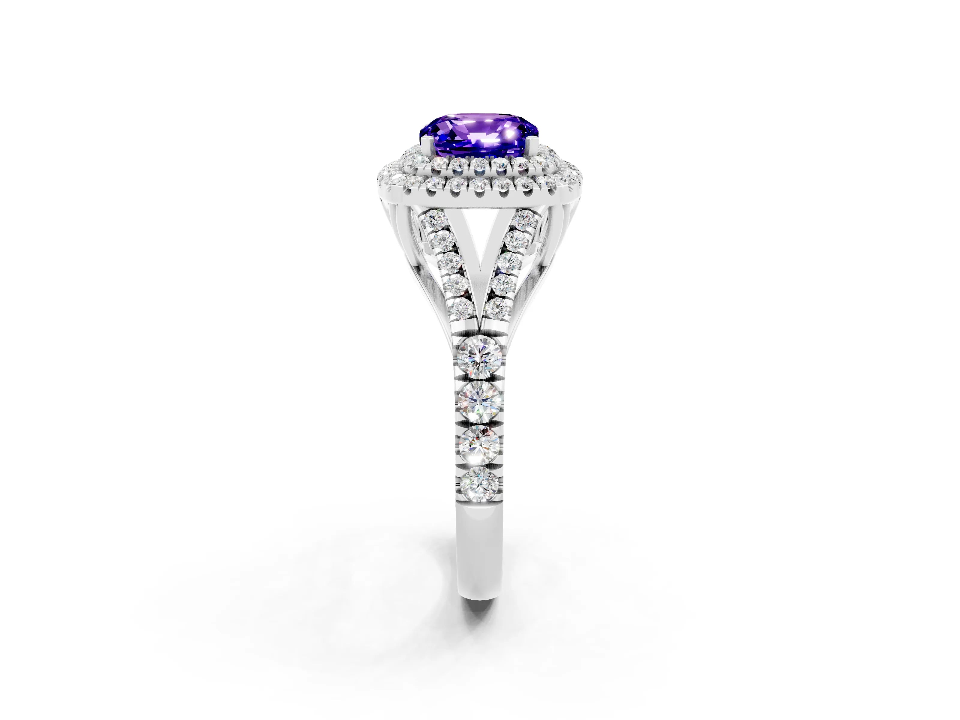 White gold Double Halo Cushion Cut Tanzanite Pavé Split Shank Ring with Prong Setting_2