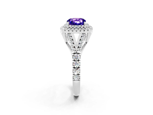 Platinum Double Halo Cushion Cut Tanzanite Pavé Split Shank Ring with Prong Setting