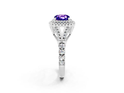 White gold Double Halo Cushion Cut Tanzanite Pavé Split Shank Ring with Prong Setting_2