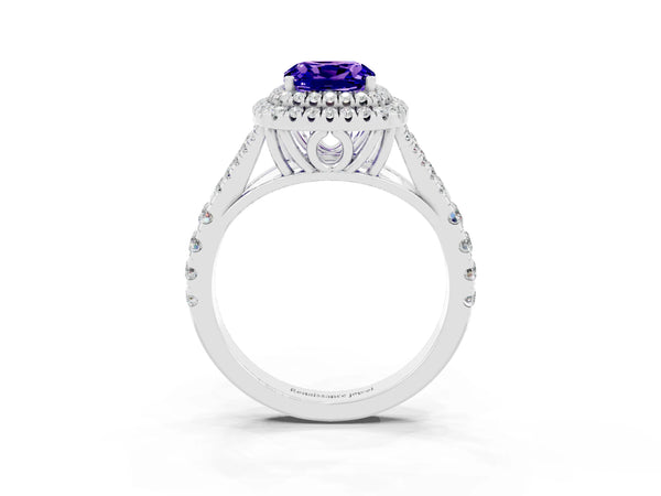 Platinum Double Halo Cushion Cut Tanzanite Pavé Split Shank Ring with Prong Setting