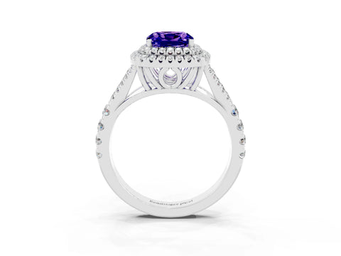 White gold Double Halo Cushion Cut Tanzanite Pavé Split Shank Ring with Prong Setting_3