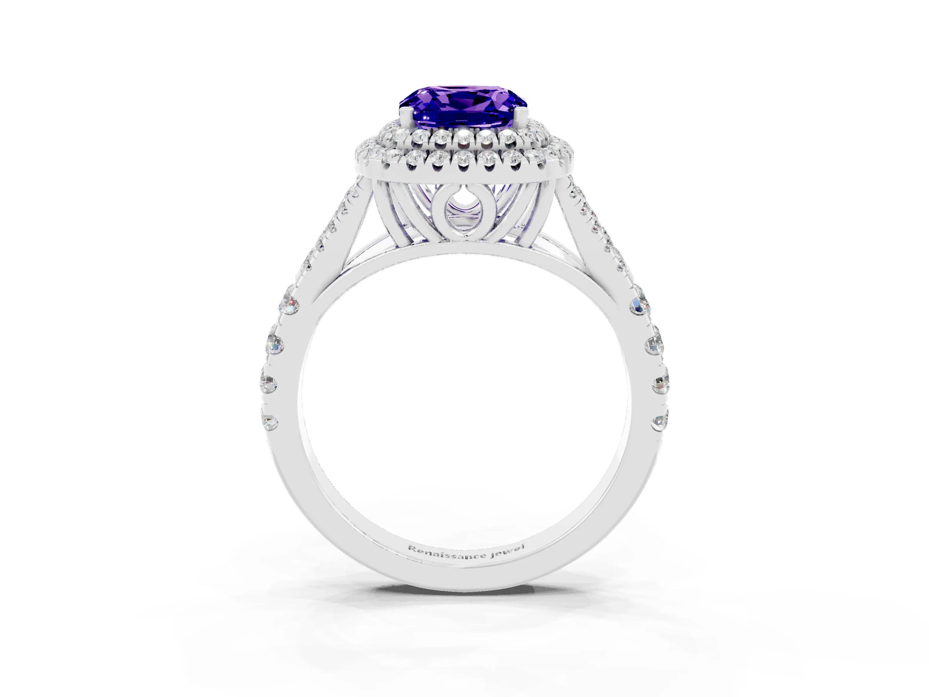 White gold Double Halo Cushion Cut Tanzanite Pavé Split Shank Ring with Prong Setting_3