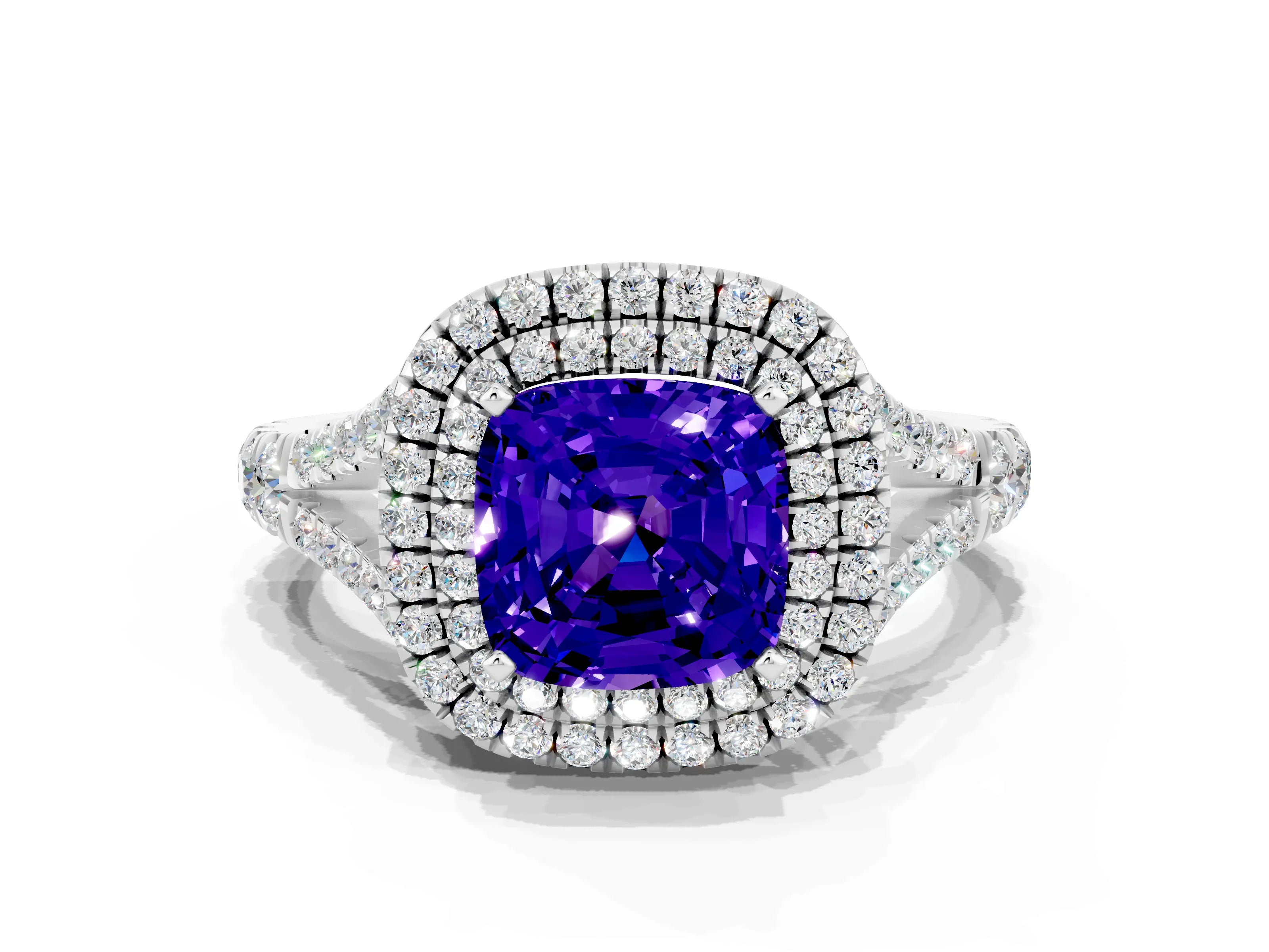 White gold Double Halo Cushion Cut Tanzanite Pavé Split Shank Ring with Prong Setting