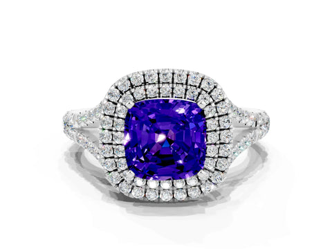 White gold Double Halo Cushion Cut Tanzanite Pavé Split Shank Ring with Prong Setting