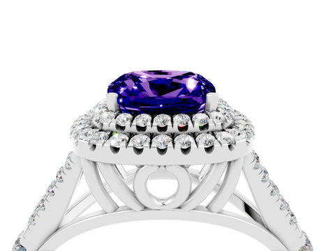 White gold Double Halo Cushion Cut Tanzanite Pavé Split Shank Ring with Prong Setting_4