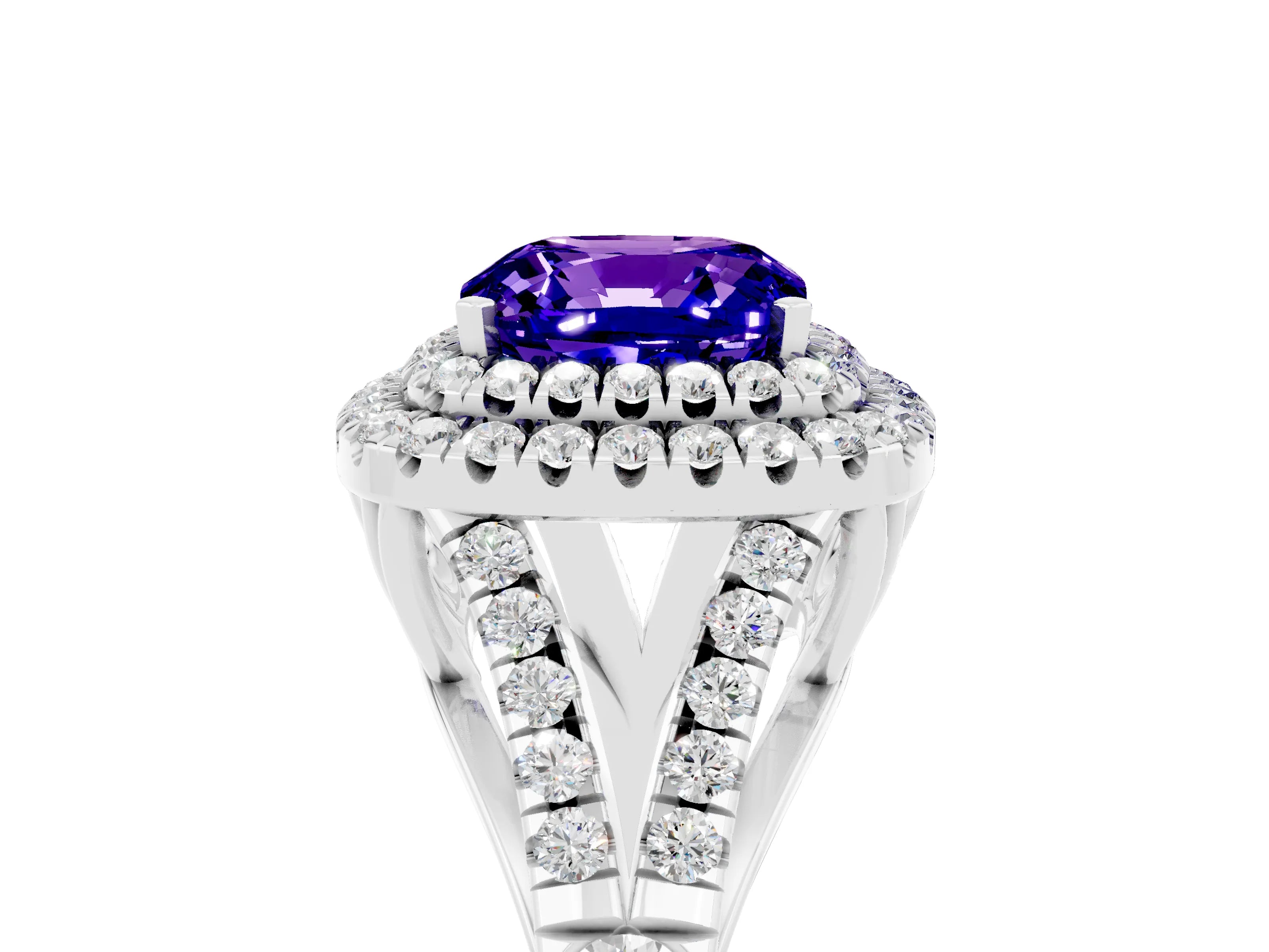 White gold Double Halo Cushion Cut Tanzanite Pavé Split Shank Ring with Prong Setting_5