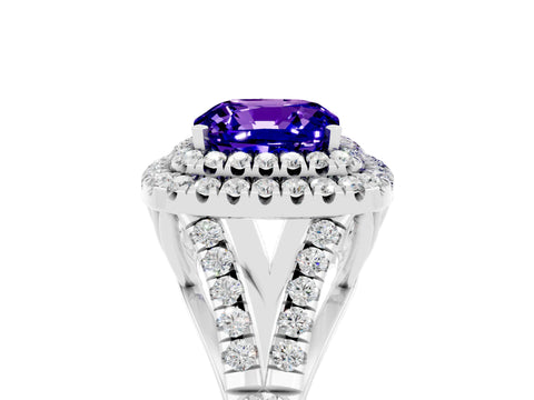 White gold Double Halo Cushion Cut Tanzanite Pavé Split Shank Ring with Prong Setting_5