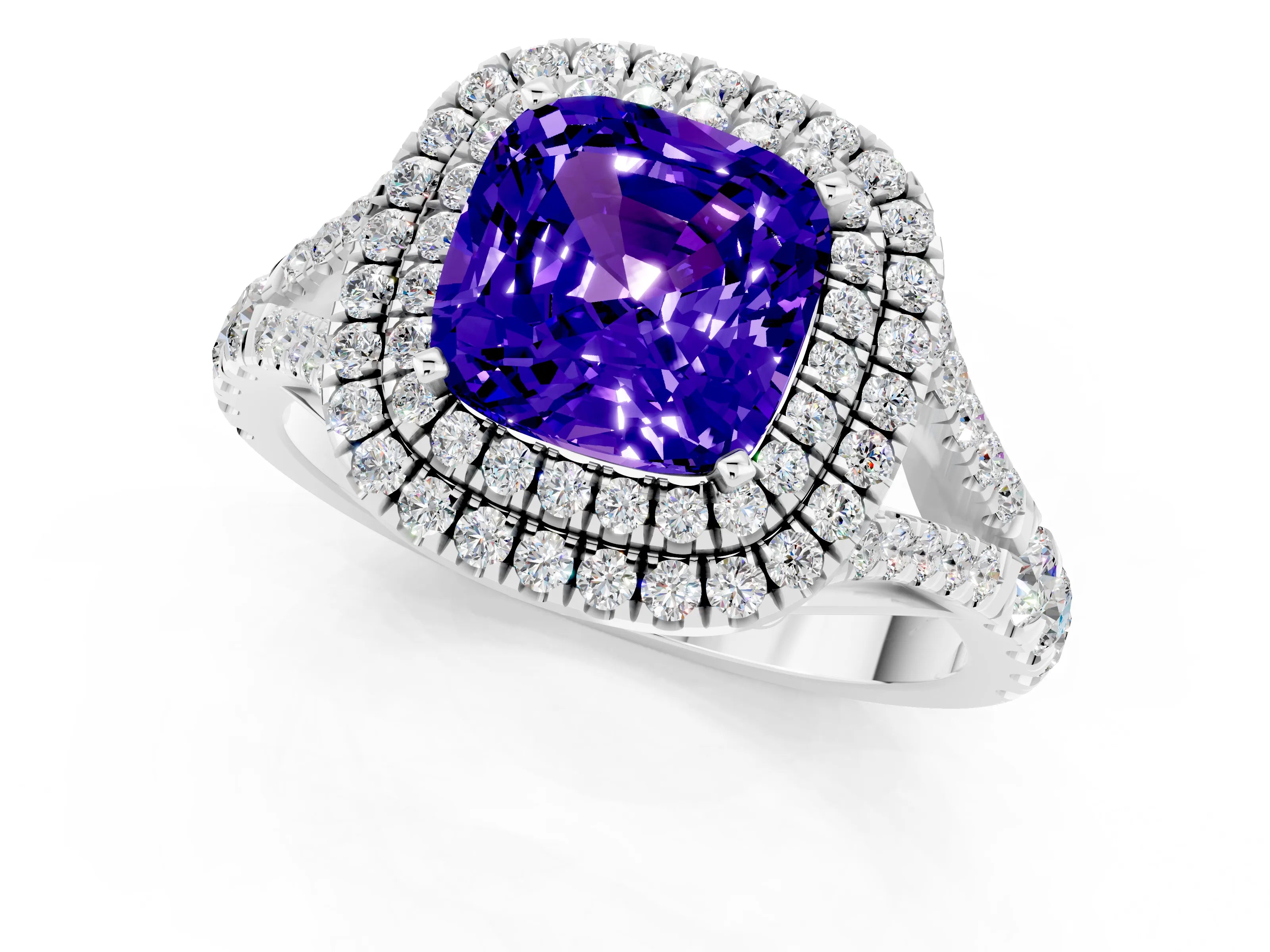 White gold Double Halo Cushion Cut Tanzanite Split Shank Engagement Ring with Four-Prong Setting_1