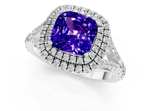 White gold Double Halo Cushion Cut Tanzanite Split Shank Engagement Ring with Four-Prong Setting_1
