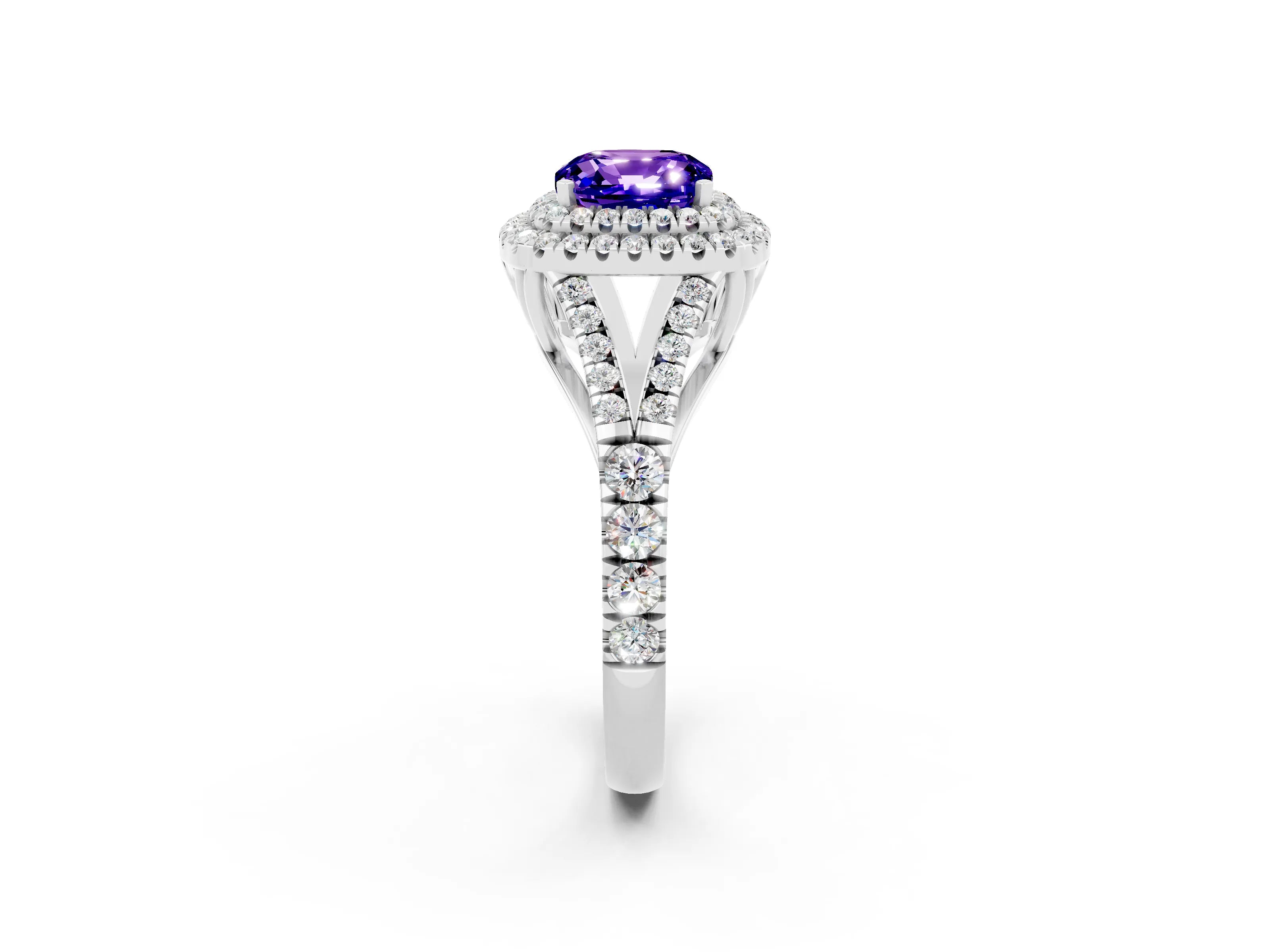 White gold Double Halo Cushion Cut Tanzanite Split Shank Engagement Ring with Four-Prong Setting_2