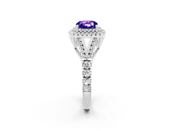 White gold Double Halo Cushion Cut Tanzanite Split Shank Engagement Ring with Four-Prong Setting