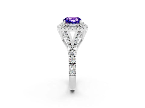 White gold Double Halo Cushion Cut Tanzanite Split Shank Engagement Ring with Four-Prong Setting_2