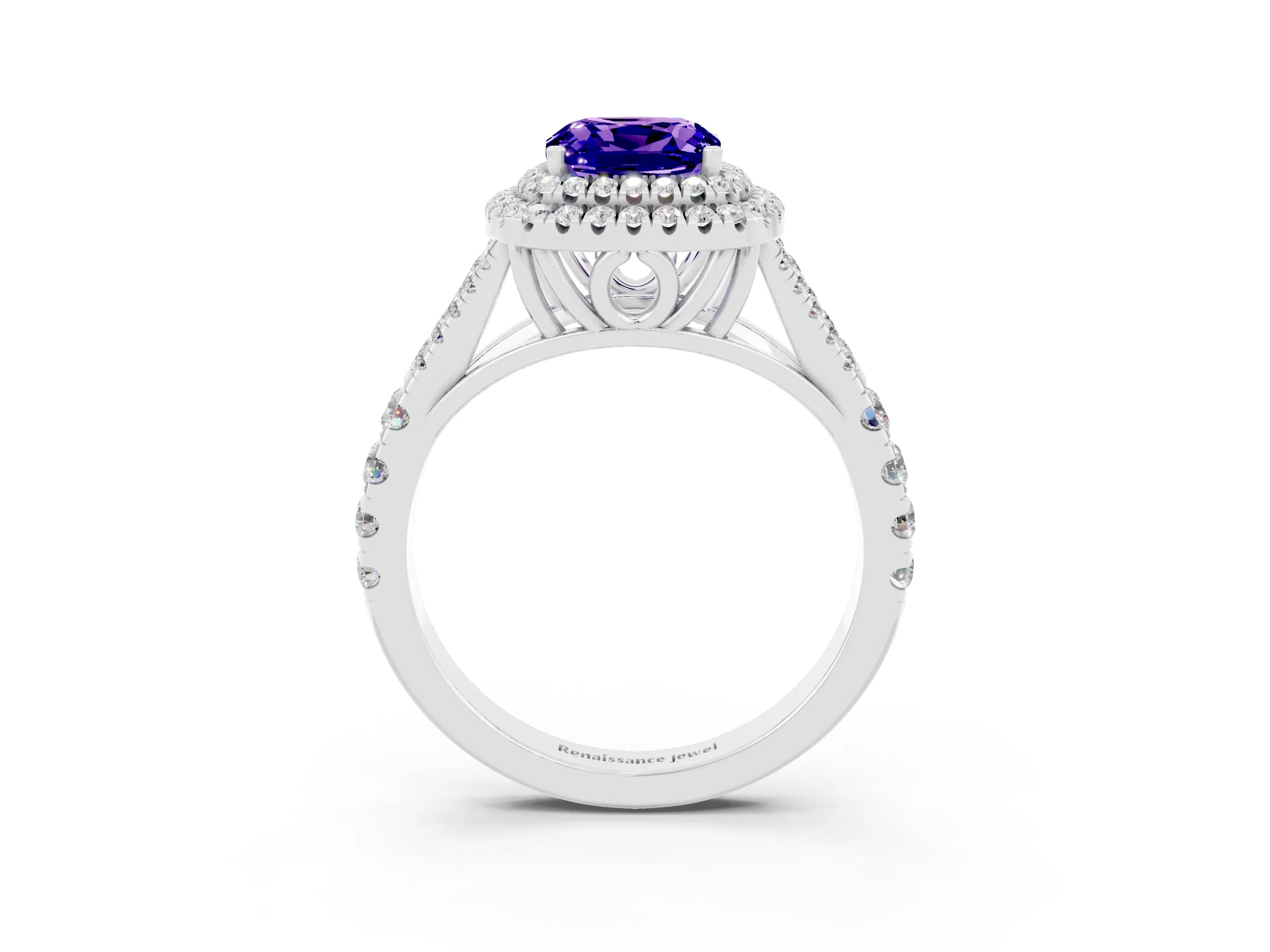 White gold Double Halo Cushion Cut Tanzanite Split Shank Engagement Ring with Four-Prong Setting_3