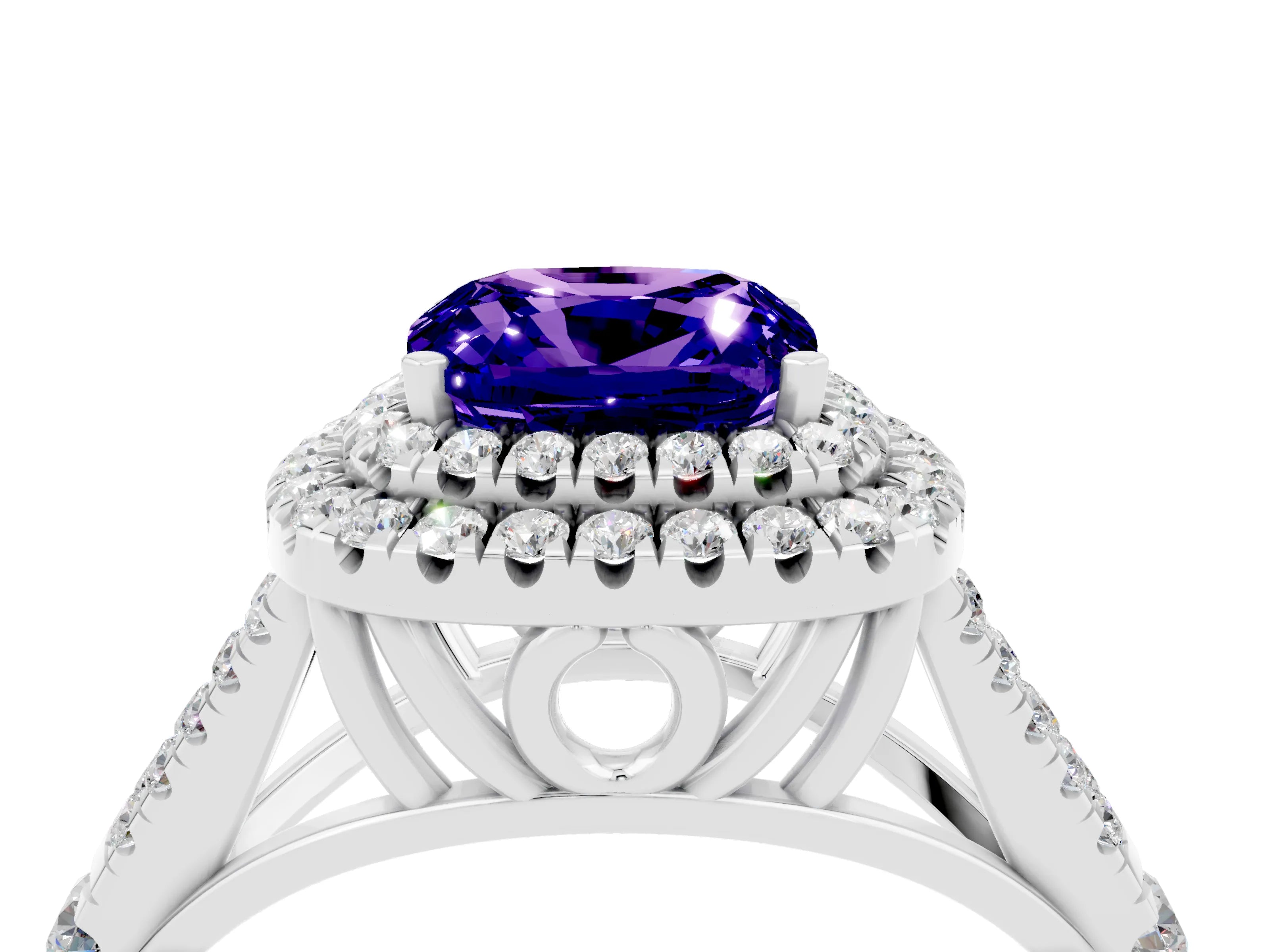 White gold Double Halo Cushion Cut Tanzanite Split Shank Engagement Ring with Four-Prong Setting_4