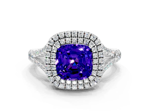 White gold Double Halo Cushion Cut Tanzanite Split Shank Engagement Ring with Four-Prong Setting