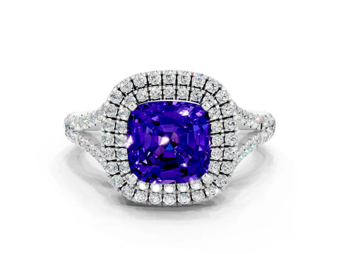 White gold Double Halo Cushion Cut Tanzanite Split Shank Engagement Ring with Four-Prong Setting