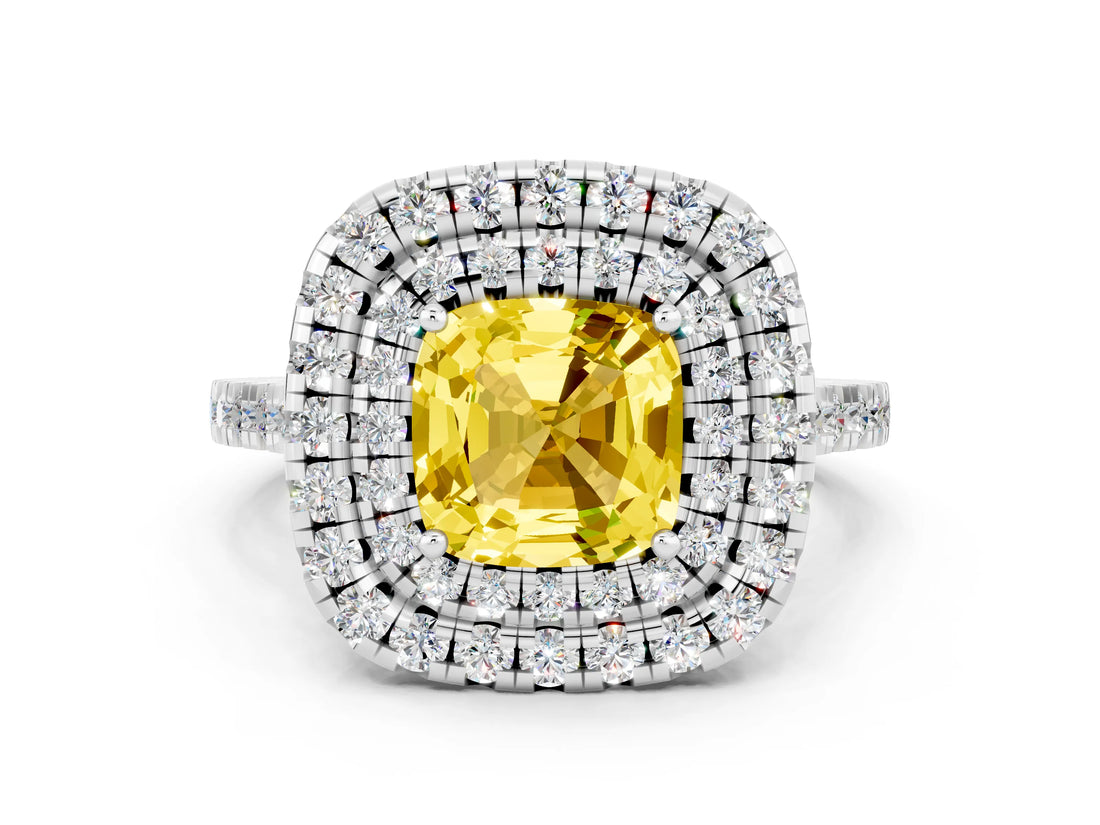 White gold Double Halo Cushion Cut Yellow Sapphire Pavé Band with Four-Prong Setting_24