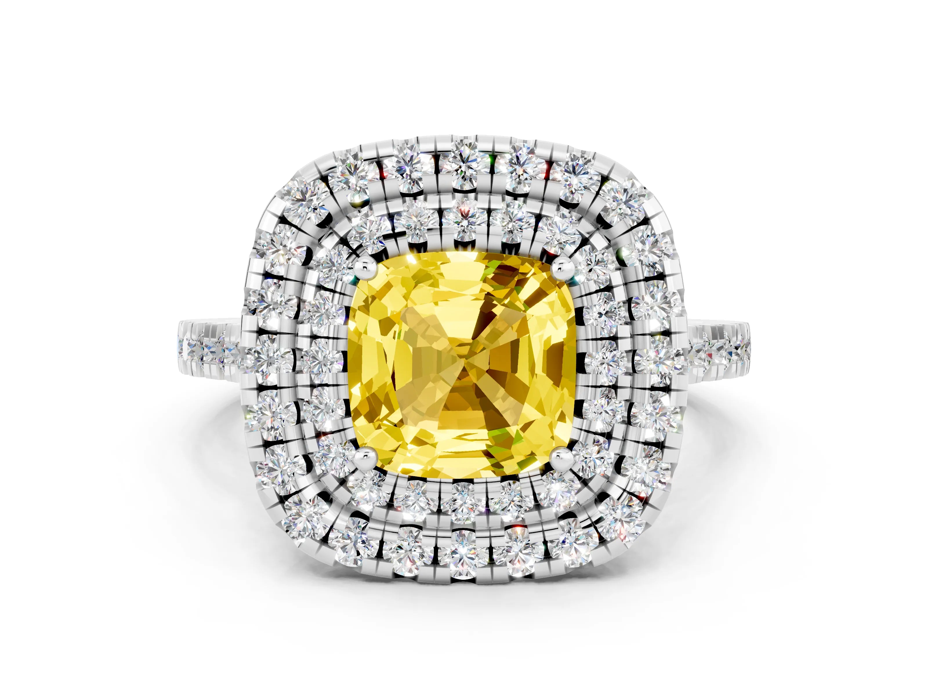 White gold Double Halo Cushion Cut Yellow Sapphire Pavé Band with Four-Prong Setting_24