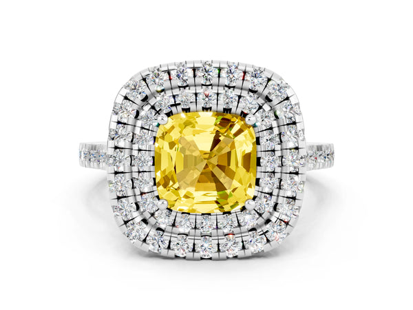 White gold Double Halo Cushion Cut Yellow Sapphire Pavé Band with Four-Prong Setting