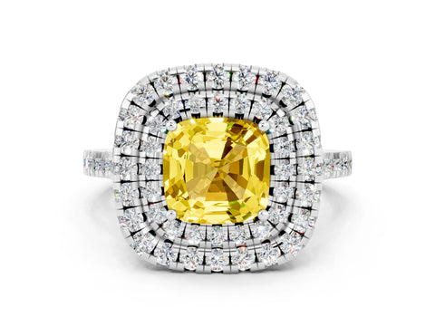 White gold Double Halo Cushion Cut Yellow Sapphire Pavé Band with Four-Prong Setting_24