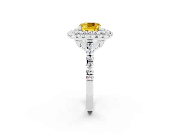Silver Double Halo Cushion Cut Yellow Sapphire Pavé Band with Four-Prong Setting