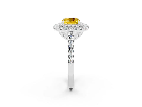 White gold Double Halo Cushion Cut Yellow Sapphire Pavé Band with Four-Prong Setting_26
