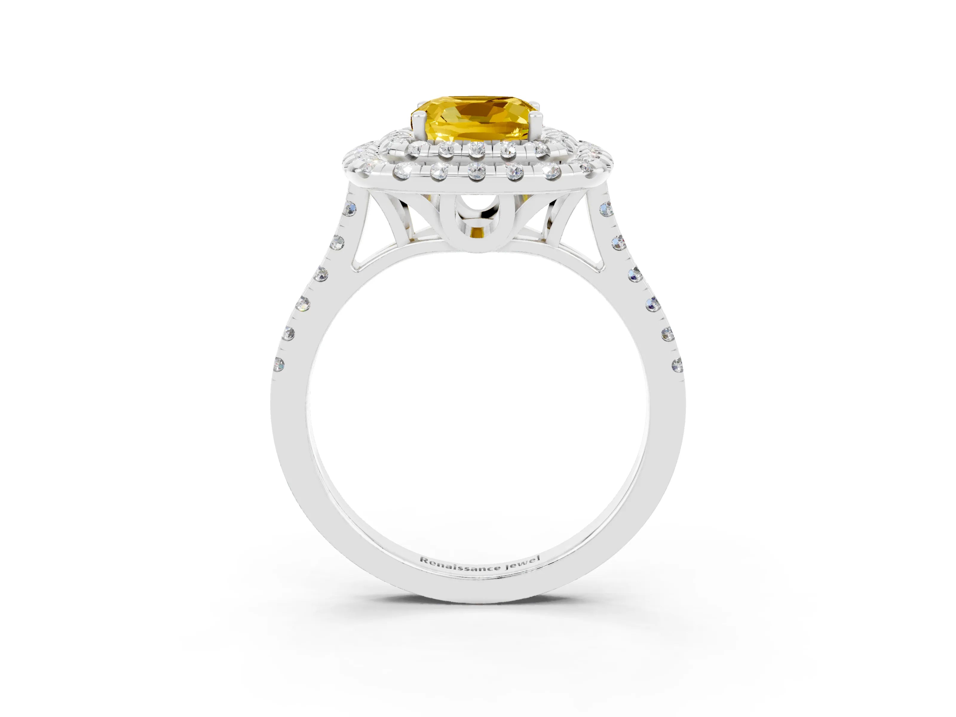 White gold Double Halo Cushion Cut Yellow Sapphire Pavé Band with Four-Prong Setting_27