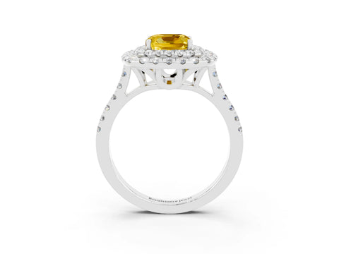 White gold Double Halo Cushion Cut Yellow Sapphire Pavé Band with Four-Prong Setting_27
