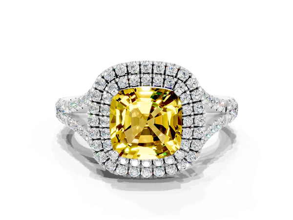 Platinum Double Halo Cushion Cut Yellow Sapphire Pavé Split Shank Ring with Prong Setting