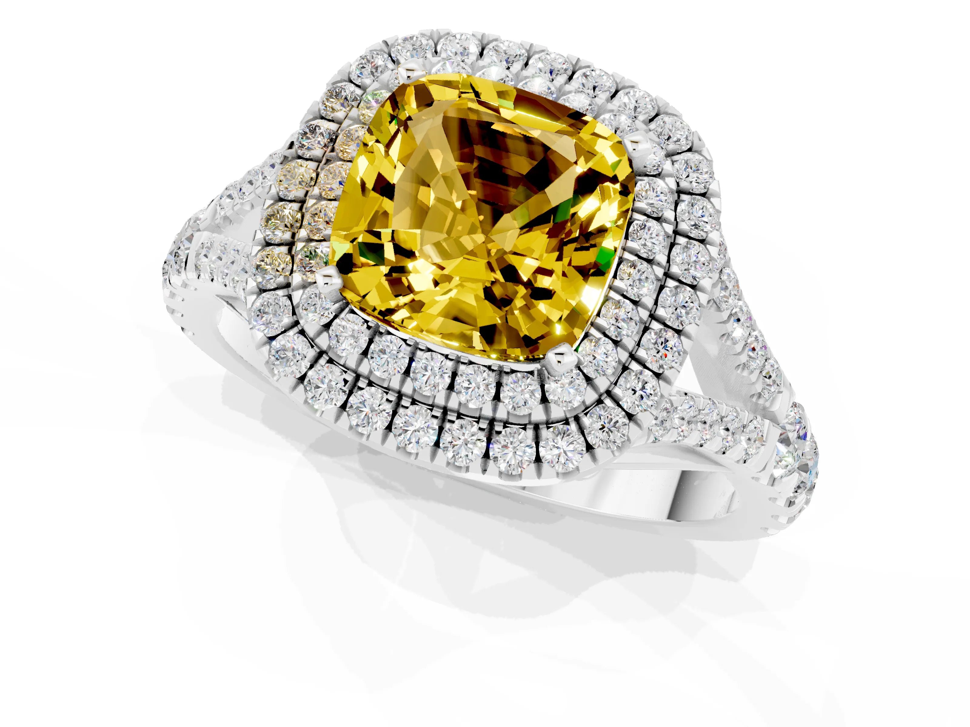 White gold Double Halo Cushion Cut Yellow Sapphire Pavé Split Shank Ring with Prong Setting_1