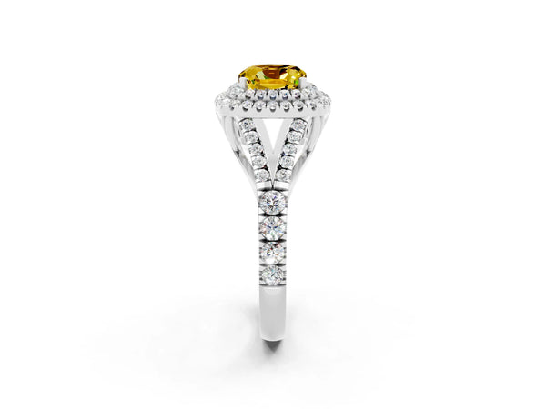 White gold Double Halo Cushion Cut Yellow Sapphire Pavé Split Shank Ring with Prong Setting