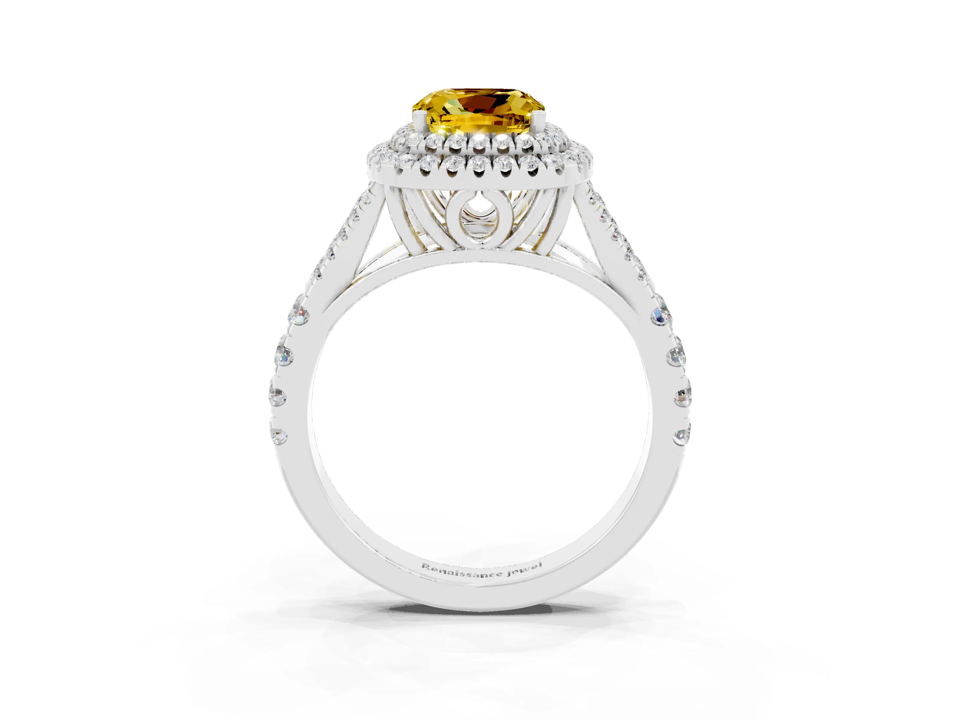White gold Double Halo Cushion Cut Yellow Sapphire Pavé Split Shank Ring with Prong Setting_3
