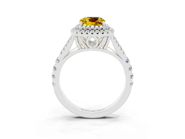 Silver Double Halo Cushion Cut Yellow Sapphire Pavé Split Shank Ring with Prong Setting