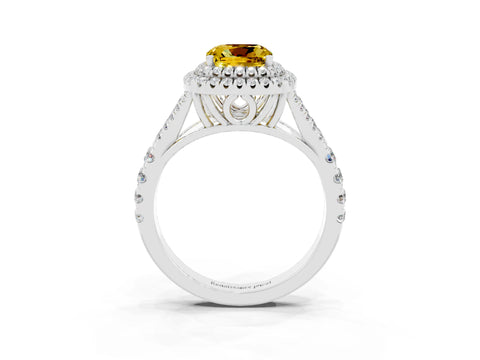White gold Double Halo Cushion Cut Yellow Sapphire Pavé Split Shank Ring with Prong Setting_3