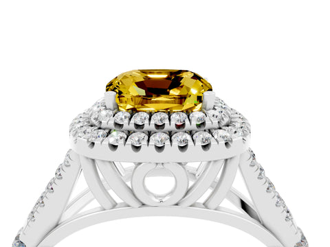 White gold Double Halo Cushion Cut Yellow Sapphire Pavé Split Shank Ring with Prong Setting_4