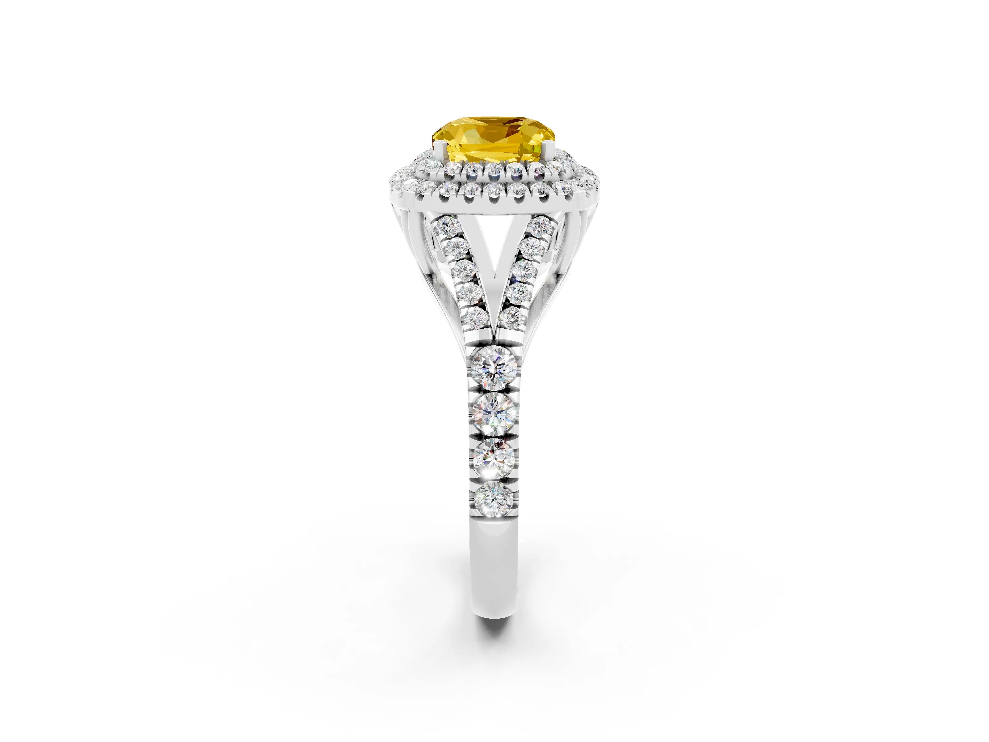 White gold Double Halo Cushion Cut Yellow Sapphire Split Shank Engagement Ring with Four-Prong Setting_2