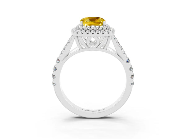 White gold Double Halo Cushion Cut Yellow Sapphire Split Shank Engagement Ring with Four-Prong Setting